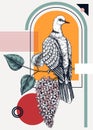 Collage-style bird card. Sketched dove trendy poster. Creative designs with bird sketch, botanical illustrations, geometric shapes