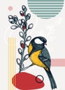 Collage-style bird card. Sketched great tit trendy poster. Creative designs with bird sketch, botanical illustrations, geometric