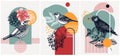 Collage-style bird cards set. Sketched birds trendy poster collection. Creative designs with botanical illustrations, geometric