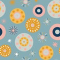 Collage style circles seamless vector background. Modern flat Scandinavian style dots. Abstract round shapes pink, coral, gold,