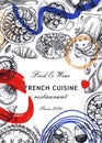 Collage-style French food frame design. Vintage food and wine sketches. Abstract restaurant menu. France background. Hand-drawn