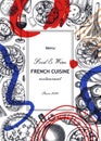 Collage-style French food frame design. Vintage food and wine sketches. Abstract restaurant menu. France background. Hand-drawn