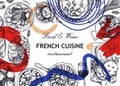 Collage-style French food frame design. Vintage food and wine sketches. Restaurant menu. France background. Hand-drawn vector