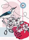 Collage style nuthatch vector illustration. Hand drawn bird on blooming almond branch with flowers, nuts and leaves. Trendy design Royalty Free Stock Photo