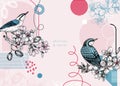 Collage style nuthatches vector background. Hand-drawn bird on blooming almond branches with flowers, nuts, and leaves in colors. Royalty Free Stock Photo