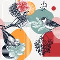 Collage style seamless pattern design. Hand-sketched bird on dahlia flower. Trendy background with botanical, geometric shapes, Royalty Free Stock Photo