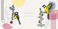 Collage style spring background design. Flying great tit and willow branches vector sketches. Hand drawn passerine bird
