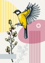 Collage style spring card or poster modern design. Flying great tit and willow branches vector sketch. Hand drawn passerine bird,
