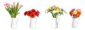 Collage of stylish vase with different bouquets on white background Royalty Free Stock Photo