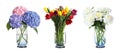 Collage of stylish vase with different bouquets on white background Royalty Free Stock Photo