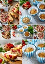 Collage summer baking. Strawberry pastries - cupcake, pie and muffins