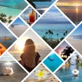 Collage of sunny tropical beach vacation travel photos Royalty Free Stock Photo