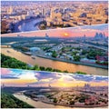 Collage of sunset views above Moscow wth cloud reflections in city river, traveling boats and bridge Royalty Free Stock Photo