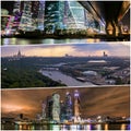 Collage of sunset views above Moscow wth cloud reflections in city river, traveling boats and bridge Royalty Free Stock Photo