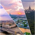 Collage of sunset views above Moscow wth cloud reflections in city river, traveling boats and bridge Royalty Free Stock Photo