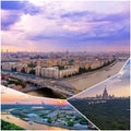 Collage of sunset views above Moscow wth cloud reflections in city river, traveling boats and bridge Royalty Free Stock Photo