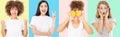 Collage of surprised shocked excited asian, caucasian and african american women face isolated on colorful background. Young asian