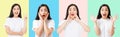 Collage of surprised shocked excited asian woman face isolated on colorful background. Young asian girl in summer t shirt.