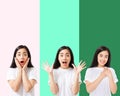 Collage of surprised shocked excited asian woman face isolated on colorful background. Young asian girl in summer t shirt. Copy