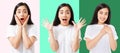 Collage of surprised shocked excited asian woman face isolated on colorful background. Young asian girl in summer t shirt. Copy