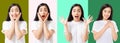 Collage of surprised shocked excited asian woman face isolated on colorful background. Young asian girl in summer t shirt. Copy