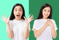 Collage of surprised shocked excited asian woman face isolated on colorful background. Young asian girl in summer t shirt. Copy