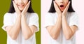 Collage of surprised shocked excited asian woman face isolated on colorful background. Young asian girl in summer t shirt. Copy