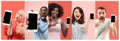 The collage about surprised, smiling, happy, astonished people showing blank screen of mobile phones