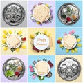 Collage of symbolic Passover Pesach meal and dishware on color background