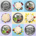 Collage of symbolic Passover Pesach meal and dishware on color background