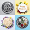 Collage of symbolic Pesach meal and dishware on color background, top view.