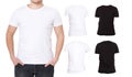 Collage T Shirts. Black, White. Front and back view Shirt. Template. Macro tshirt set isolated. Blank background advertising Royalty Free Stock Photo