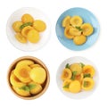 Collage with tasty canned peaches isolated on white, top view Royalty Free Stock Photo