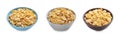 Collage with tasty corn flakes in bowls on white background