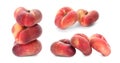 Collage with tasty flat peaches on white background Royalty Free Stock Photo