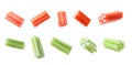 Collage of tasty jelly candies on white background, different sides Royalty Free Stock Photo