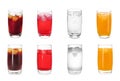 Collage of tasty refreshing soda drinks with ice cubes on white background