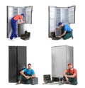 Collage of technical workers near refrigerators on background Royalty Free Stock Photo