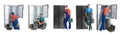 Collage of technical workers near refrigerators on background. Banner design Royalty Free Stock Photo
