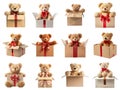 A Collage of Teddy Bears in Gift Boxes Royalty Free Stock Photo
