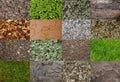 Wallpaper. Collage background with natural textures from forest and mountains: grass, stone, moss, leaves