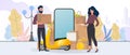 Collage on the theme of delivery. The girl and the guy are holding boxes. Yellow scooter with food shelf, telephone Royalty Free Stock Photo