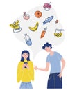 Collage on the theme of delivery. A girl and a guy order food through her cellphone together. A variety of food. Choice of