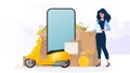 Collage on the theme of delivery. The girl is holding a list and a box. Yellow scooter with food shelf, telephone, gold