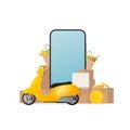 Collage on the theme of delivery. Yellow scooter with food rack, telephone, gold coins, cardboard boxes, paper bag with