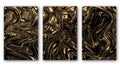 Collage of three abstract gold liquid backgrounds. Luxary yellow and black fluid art. 3d rendering.