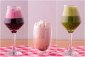Collage from three cocktails. Delicious sweet drinks in glasses. Fruit healthy smoothies. Vegan concept. Banner.