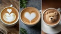 A collage of three cups of coffee with latte art in heart and bear shapes, showcasing different foam patterns. Royalty Free Stock Photo
