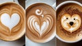 A collage of three cups of coffee with latte art in heart and bear shapes, showcasing different foam patterns. Royalty Free Stock Photo
