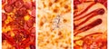 Collage of three kinds italian pizzas. Pizza Mexico, quattro formaggi and BBQ. Food banner, pizza backgrounds, macro photo